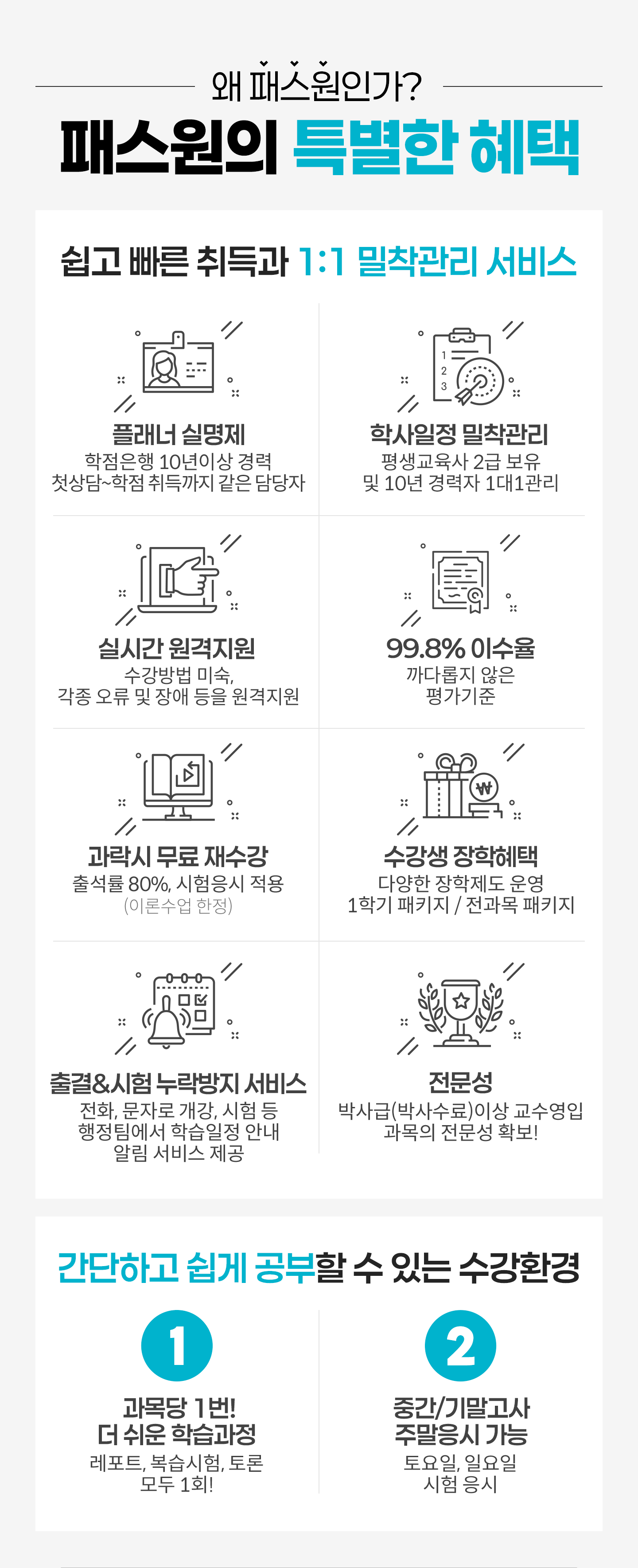 
                �� �н����ΰ�? ���� ������ ��� �׸��� 1��1 �������� ����
                �÷��ʽǸ���, �л����� ��������,
                �ǽð� ��������, 99.8%�̼���,
                ������ ���� �����, ������ ��������,
                ���&���� �������� ����, ������
                �����ϰ� ���� ������ �� �ִ� ����ȯ��
                1. ����� 1��! �� ���� �н�����
                2. �߰�/�⸻���� �ָ����� ����
            